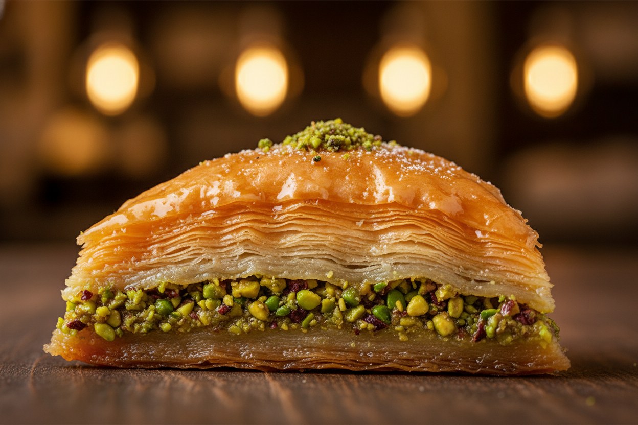 Fıstıklı, ince katmanlı baklava diliminin yakın plan detayı